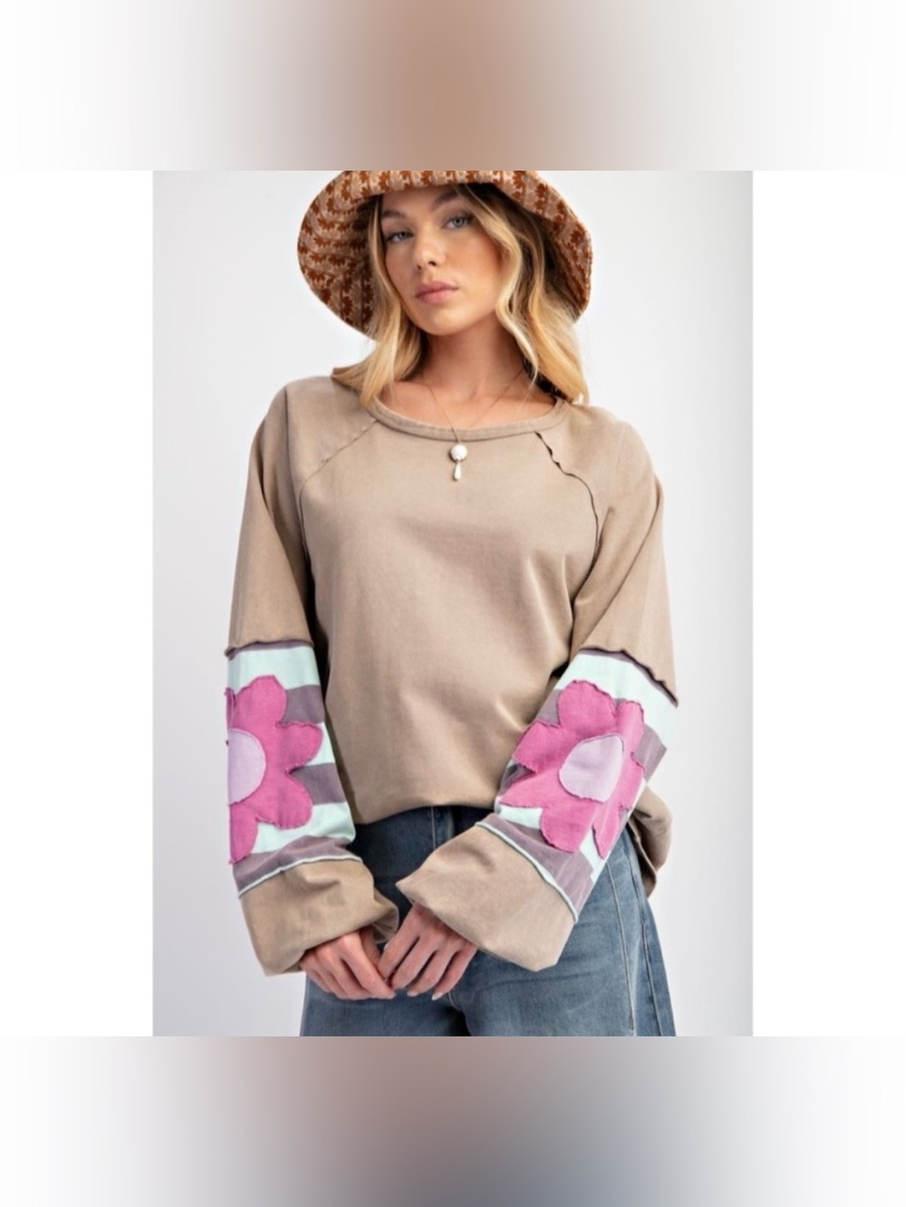 Easel Terry Knit Pullover Top with Flower Patch Details in Mushroom Earth Tones